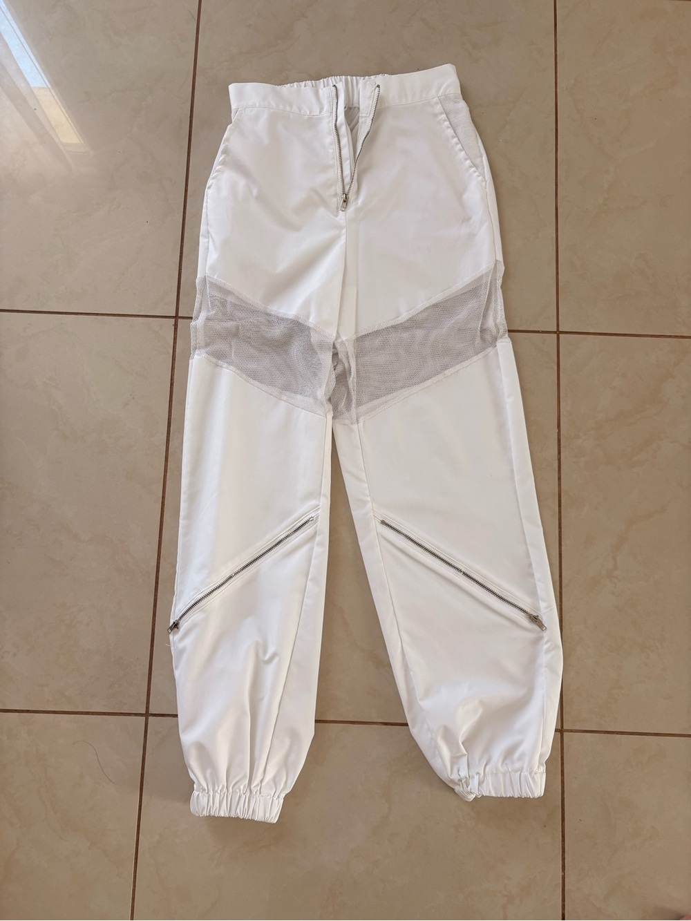 White Kids Mesh-Panel Joggers with Zip Accents